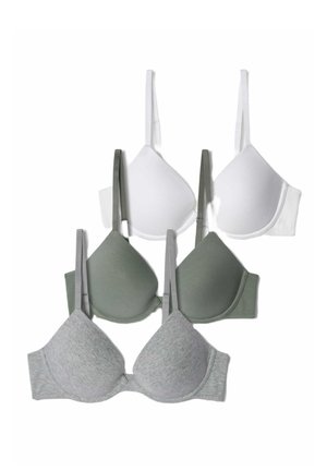 Drie bh's in wit, lichtgrijs en olijfgroen. Ze hebben een gladde textuur, driehoekige cups en dunne verstelbare bandjes.