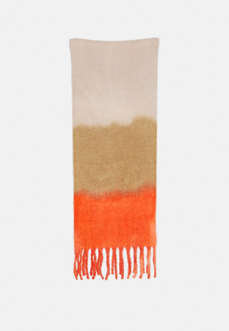 Écharpe en laine avec trois blocs de couleur horizontaux en beige, brun clair et orange vif avec des extrémités à franges.
