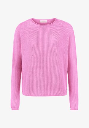 Langarmig roze gebreide trui met ronde hals en geribbelde textuur, met een subtiel diagonaal breipatroon aan de voorkant.