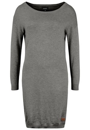 Gray knitted dress with a wide neckline and long sleeves. Features ribbed texture and a small branded leather patch on the hem.