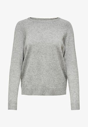 Grauer Strickpullover mit langen Ärmeln, Rundhalsausschnitt, geripptem Saum und Bündchen, mit weicher Textur und lockerer Passform.