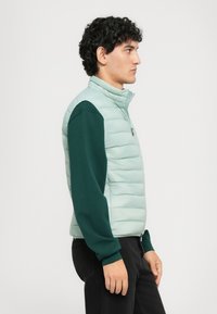 Giovane con capelli ricci che indossa un gilet imbottito verde chiaro sopra una maglietta a maniche lunghe verde scuro, rivolto a destra su uno sfondo semplice.