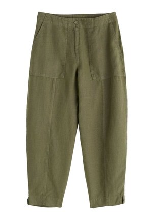 Olive green, lightweight linen trousers with a relaxed fit, featuring two front pockets and a button closure. Hem cuff detail present.