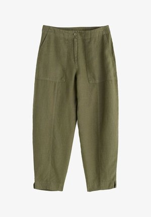 Olivgrüne, leichte Leinenhosen mit einer lockeren Passform, die zwei Fronttaschen und einen Knopfverschluss aufweisen. Saum mit Umschlagdetail.