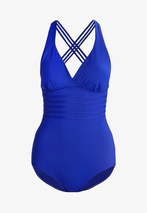 Costume da bagno intero blu con scollatura a V profonda e spalline incrociate. Presenta arricciature orizzontali in vita e una texture liscia ed elastica.
