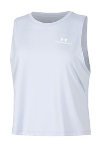 Canotta sportiva azzurro chiaro realizzata in tessuto traspirante. Presenta un colletto rotondo e un logo bianco sul davanti. Design senza maniche.