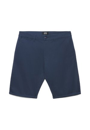 Pantaloncini casual da uomo blu navy con chiusura a bottone e zip, passanti per cintura, tasche frontali e orli risvoltati.