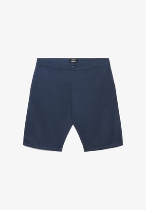 Pantaloncini casual da uomo blu navy con chiusura a bottone e zip, passanti per cintura, tasche frontali e orli risvoltati.