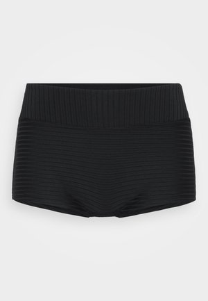 Black ribbed shorts with a wide waistband, featuring a smooth texture and snug fit. Design allows for ease of movement and comfort.