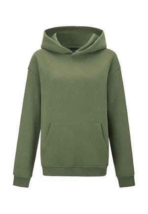 Zelena jopa iz mehkega blaga, s sprednjim žepom, rebrastimi manšetami in kapuco z vrvico. Enostavna zasnova brez vzorcev ali poudarkov.