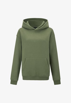 Zelena jopa iz mehkega blaga, s sprednjim žepom, rebrastimi manšetami in kapuco z vrvico. Enostavna zasnova brez vzorcev ali poudarkov.