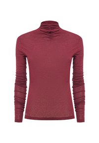 Burgunderfarbendes Langarmoberteil mit hohem Kragen, das eine geraffte Textur am Kragen und geraffte Ärmel aufweist. Hergestellt aus glattem, leichtem Stoff.