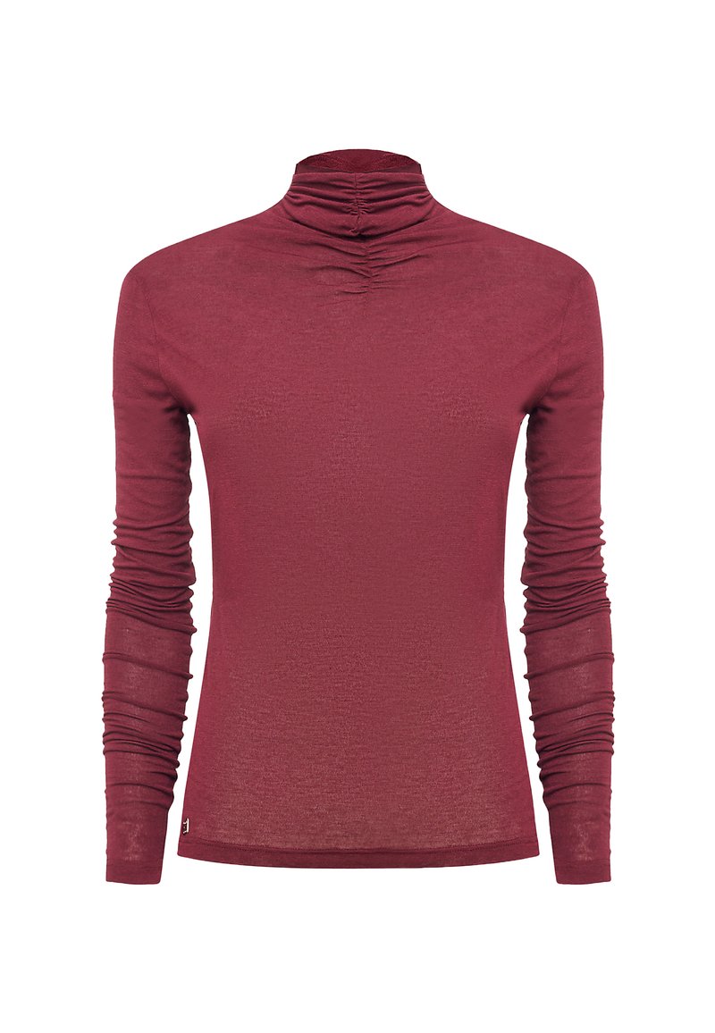 Burgunderfarbendes Langarmoberteil mit hohem Kragen, das eine geraffte Textur am Kragen und geraffte Ärmel aufweist. Hergestellt aus glattem, leichtem Stoff.