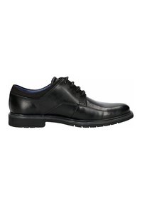 Chaussure habillée noire en cuir avec lacets, talon bas, bout arrondi et col rembourré à la cheville pour le confort.