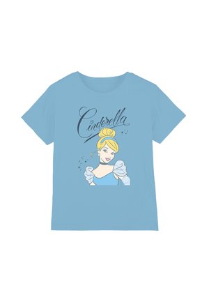 Helles blaues Baumwoll-T-Shirt mit einem Grafikdesign von Cinderella, die einen gelben Dutt und ein hellblaues Kleid trägt, verziert mit Funken und Text.
