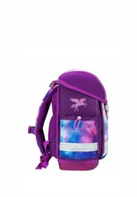 Sac à dos pour enfants violet et rose avec bretelles rembourrées, une poche latérale à motif galaxie, et un graphisme Pégase rose pailleté.
