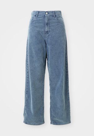 Wide-leg blue corduroy pants with vertical rib texture, featuring a front button closure and belt loops, and a relaxed silhouette.
