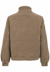Giacca in edera teddy marrone con maniche lunghe e polsini con bottoni a pressione, mostrata da dietro.