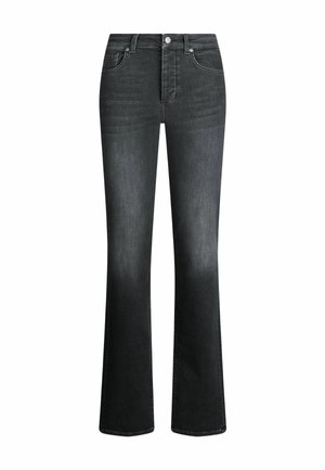 Bredde mørke denim jeans med et klassisk fem-lomme design, let falmning på benene og en metalknap lukning i livet.