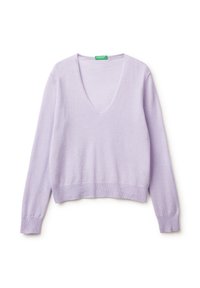 Liliowy sweter typu cropped z głębokim dekoltem w kształcie V, długimi rękawami i ściągaczami. Miękka tekstura o gładkim wykończeniu. Zielona metka wszyta w środku.