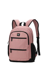 Zaino rosa realizzato in tessuto resistente, con cerniere nere, numerose tasche e tasche laterali in rete. Spallacci imbottiti per il comfort.