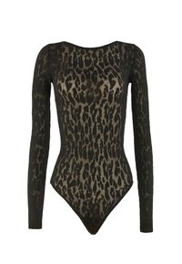 Langærmet bodysuit i sort og khaki leopardprint, med en rund halsudskæring og struktureret ribbet detaljering. Tætsiddende design med en tanga ryg.