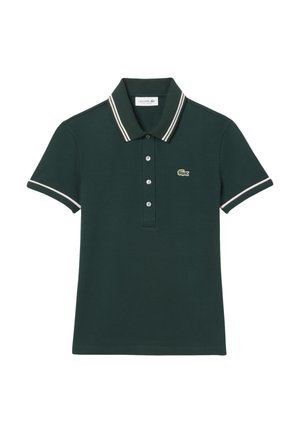 Polo shirt vert foncé en coton, doté d'une patte de boutonnage à deux boutons, d'un col blanc contrasté et d'un logo de crocodile vert sur la poitrine.