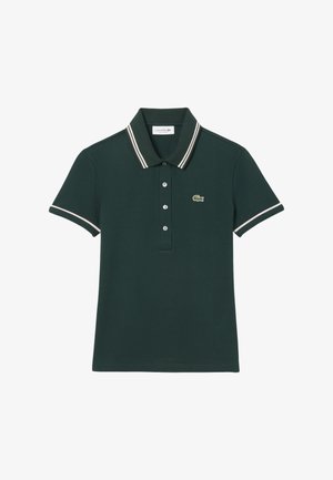 Polo shirt vert foncé en coton, doté d'une patte de boutonnage à deux boutons, d'un col blanc contrasté et d'un logo de crocodile vert sur la poitrine.