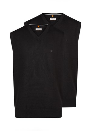 To sorte V-hals ærmeløse strikketrøjer stablet, ribbet kant, lille diskret logo på venstre bryst, orange mærke inde i kraven.