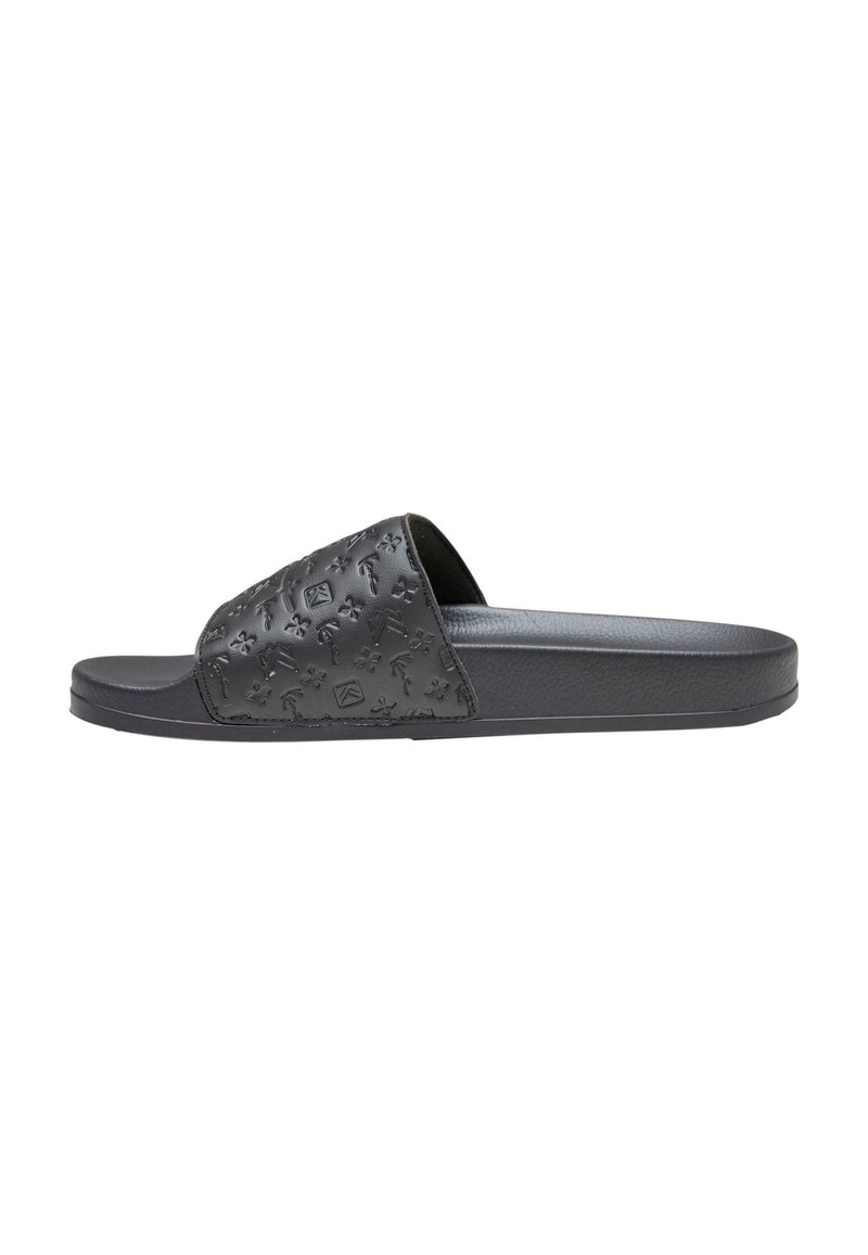 Black slide sandals with a textured upper featuring embossed patterns. Flat sole with a smooth finish, open-toe design for easy wear.