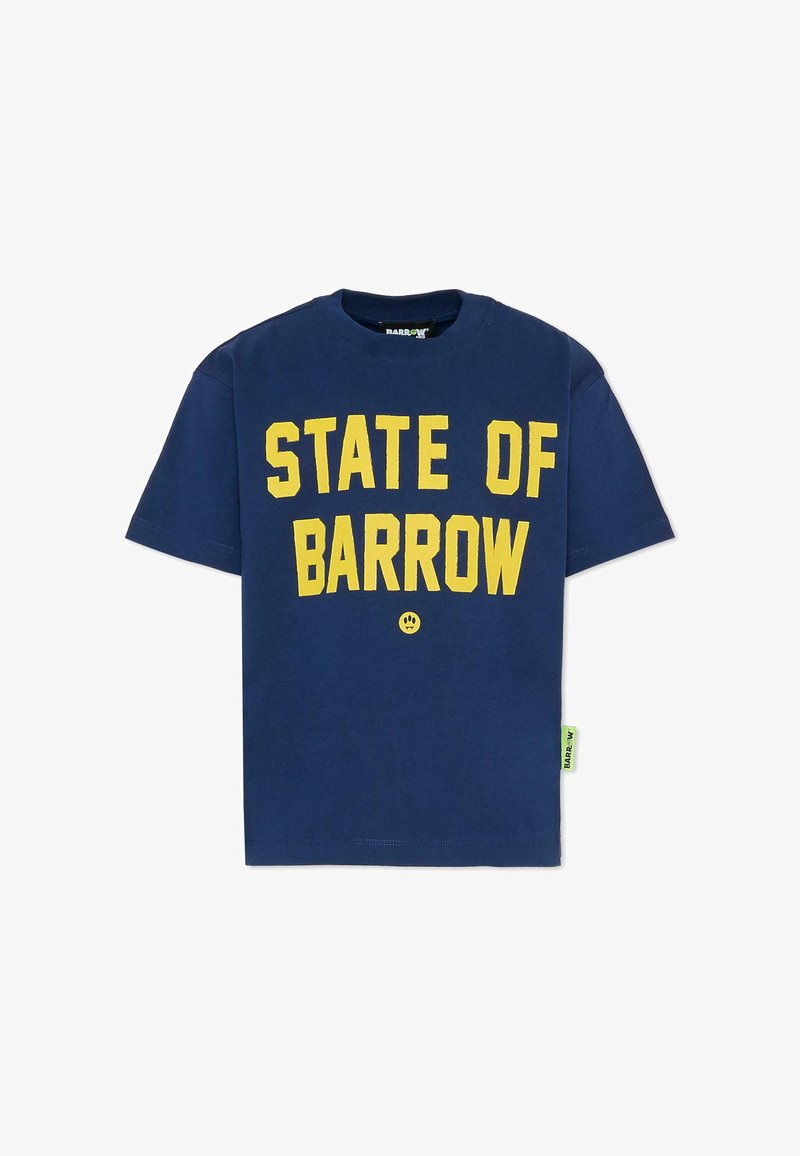Granatowa bawełniana koszulka z wyraźnym żółtym napisem "STATE OF BARROW" oraz małą ikoną uśmiechu; zawiera zieloną metkę marki po boku.