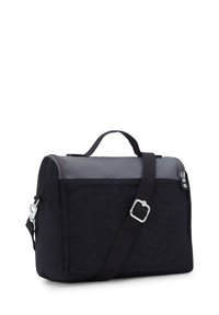 Borsa a spalla compatta nera e grigia con tracolla regolabile, manico superiore, chiusura con zip e tasca frontale.