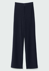 Pantalon taille haute bleu marine à jambes larges, avec un bouton à l'avant et une fermeture éclair dissimulée sur un fond uni clair.