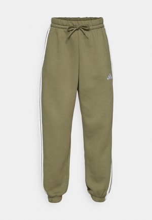 Olivegrüne Sweatpants mit weißen Seitenstreifen, elastischem Bund mit Kordelzug, elastischen Bündchen und einem kleinen Logo auf dem rechten Oberschenkel.