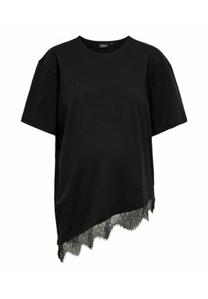 Tricou negru cu mâneci scurte, guler rotund și tiv asimetric, prevăzut cu detaliu din dantelă neagră.