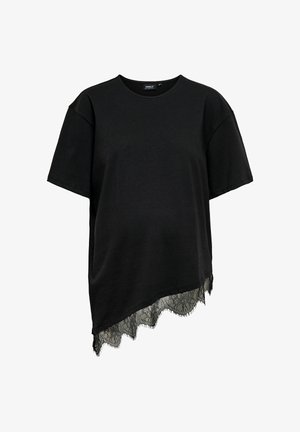 Black short-sleeve T-shirt with round neckline and asymmetrical hem featuring black lace trim detail.