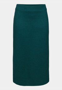 Jupe crayon vert foncé mi-genoux avec texture côtelée et taille élastique, présentée sur un fond clair uni.
