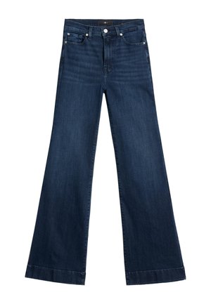 Dunkelblaue, weit geschnittene Jeans aus Denim. Verfügt über fünf Taschen, Metallbeschläge und eine leicht ausgebleichte Textur mit geradem Saum.