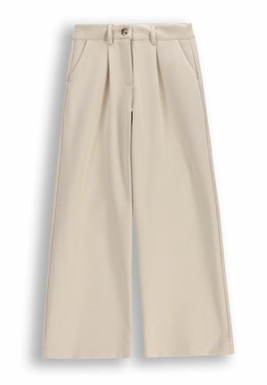 Beżowe spodnie z szerokimi nogawkami, z przodu z zakładkami, bocznymi kieszeniami, szlufkami na pasek i zapięciem na guzik w talii.