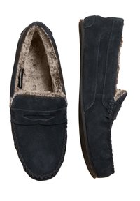 Mørkeblå ruskinds slip-on sko med faux fur-foring, solid konstruktion og mokkasinsyninger. Lavprofil gummisål for godt greb.