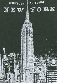 Camisa verde con un gráfico blanco del Edificio Chrysler en Nueva York, que muestra su alta arquitectura Art Deco contra un horizonte de la ciudad.