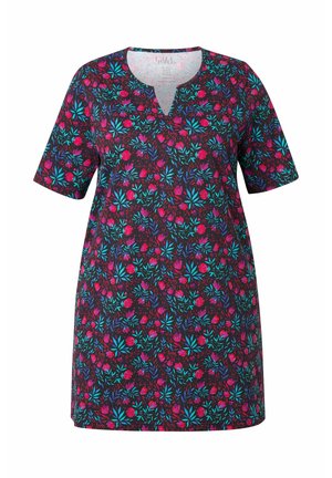Kortærmet tunika med en mørk baggrund og farverige blomster mønstre. V-hals design. Lavet af et blødt, let stof.