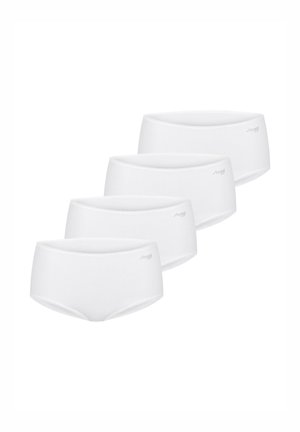 Cztery białe damskie figi typu hipster z małym logo po lewej górnej stronie, ułożone w wysuniętym rzędzie.