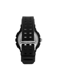 Orologio in gomma nera con cinturino testurizzato, fibbia in metallo argentato e cassa rotonda. Il retro trasparente rivela il meccanismo interno. Caratterizzato da accenti hardware pronunciati.