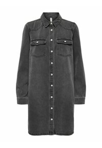 Mørkegrå denimskjortekjole med lange ærmer, krave, knapper foran, to brystlommer og en afslappet pasform. Har sølvfarvede knapper.
