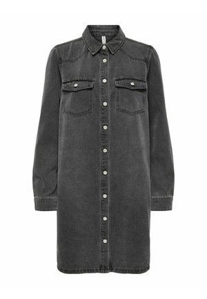 Ciemnoszara sukienka koszulowa z denimu z długimi rękawami, kołnierzykiem, zapinana na guziki z przodu, z dwoma kieszeniami na piersiach i luźnym fasonem. Wyposażona w guziki w kolorze srebrnym.
