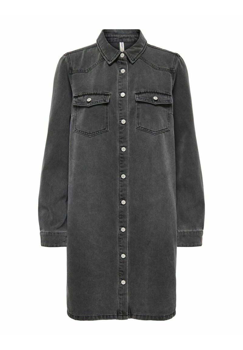 Mørkegrå denimskjortekjole med lange ærmer, krave, knapper foran, to brystlommer og en afslappet pasform. Har sølvfarvede knapper.