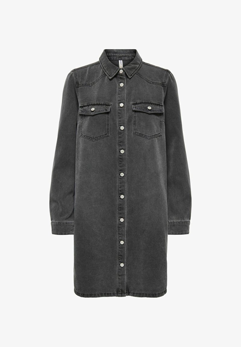 Mørkegrå denimskjortekjole med lange ærmer, krave, knapper foran, to brystlommer og en afslappet pasform. Har sølvfarvede knapper.