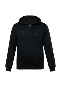 Svart zip-up hoodie med "MALIBU" tryckt på framsidan i en något ljusare nyans. Har justerbar dragsko i huvan och ribbade ärmslut.