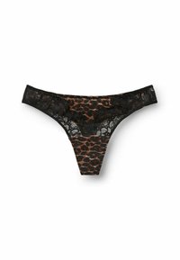 Lace-tanga med leopardmønster i brune og sorte nuancer, med en gennemsigtig blondekant og detaljeret design.